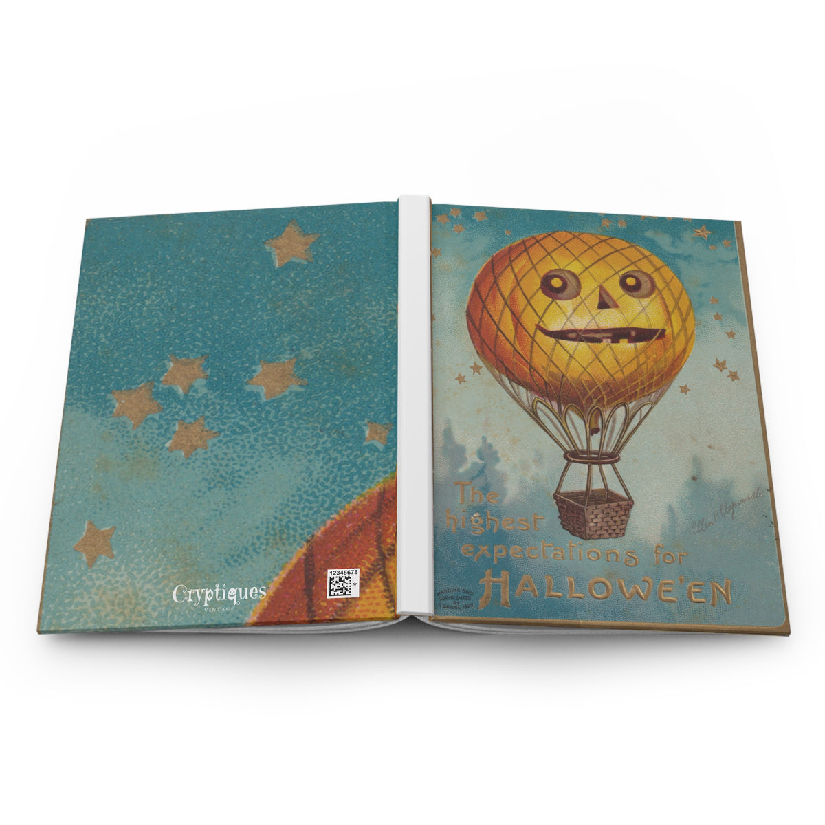 Lined Notebook w/ Authentic Vintage Halloween Image of Pumpkin Hot Air Balloon Postcard From 1909