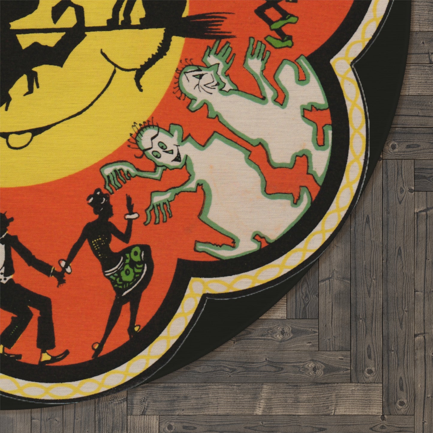 Vintage Halloween Round Rug — Witch on Broom Moon Design