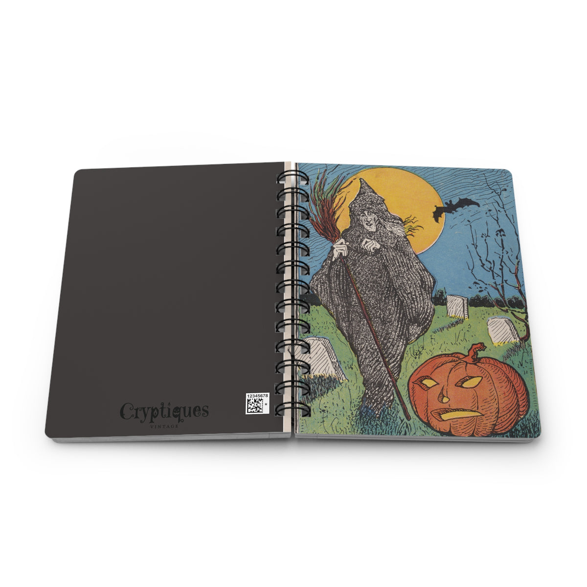 Spiral Notebook w/ Authentic Vintage Halloween 1910 Witch & JOL in the Graveyard Postcard Image