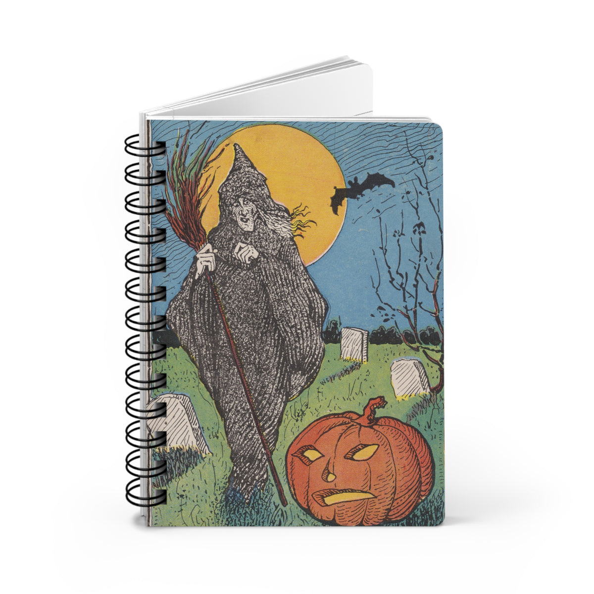 Spiral Notebook w/ Authentic Vintage Halloween 1910 Witch & JOL in the Graveyard Postcard Image