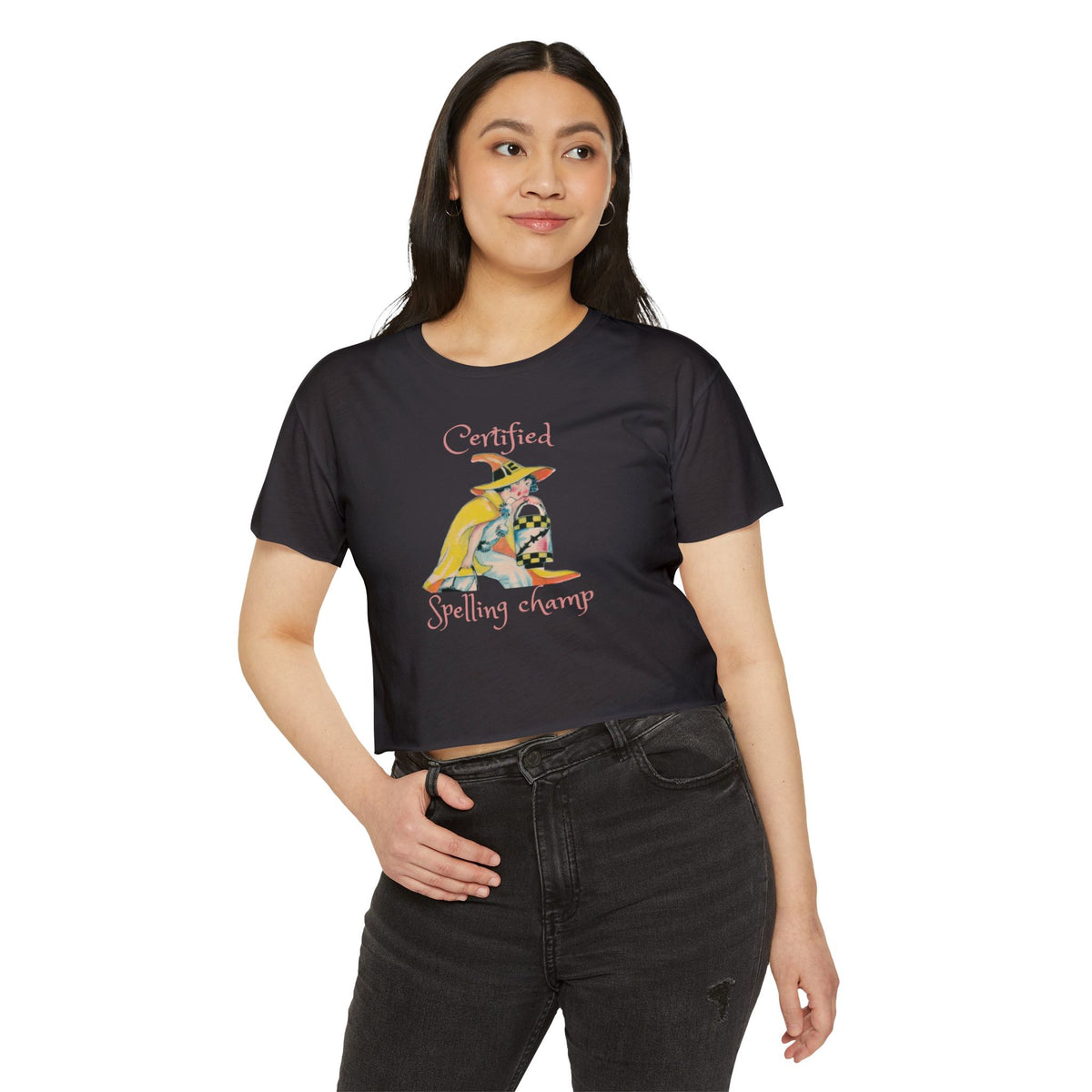 Women's Crop Top w/ Authentic Vintage Halloween 1930s Image of a Yellow Art Deco Witch Place Card