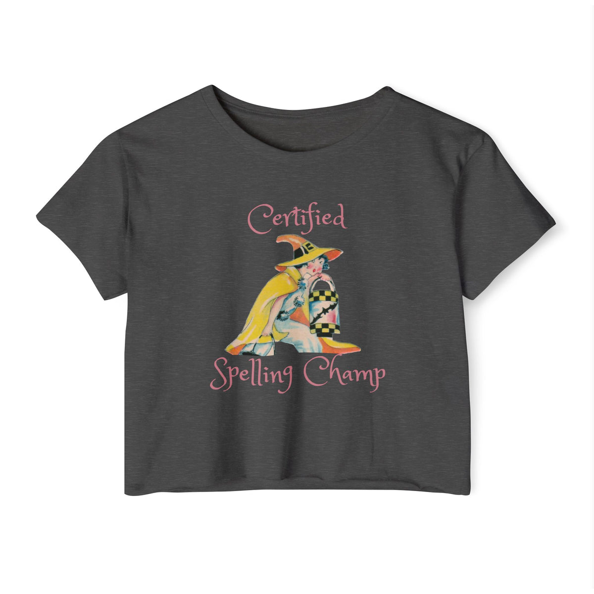 Women's Crop Top w/ Authentic Vintage Halloween 1930s Image of a Yellow Art Deco Witch Place Card