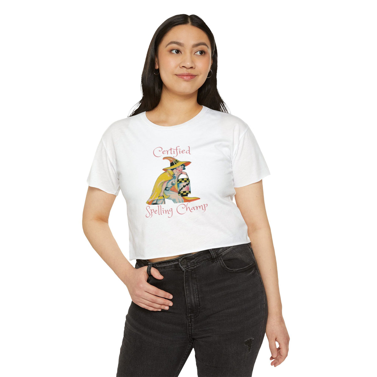 Women's Crop Top w/ Authentic Vintage Halloween 1930s Image of a Yellow Art Deco Witch Place Card