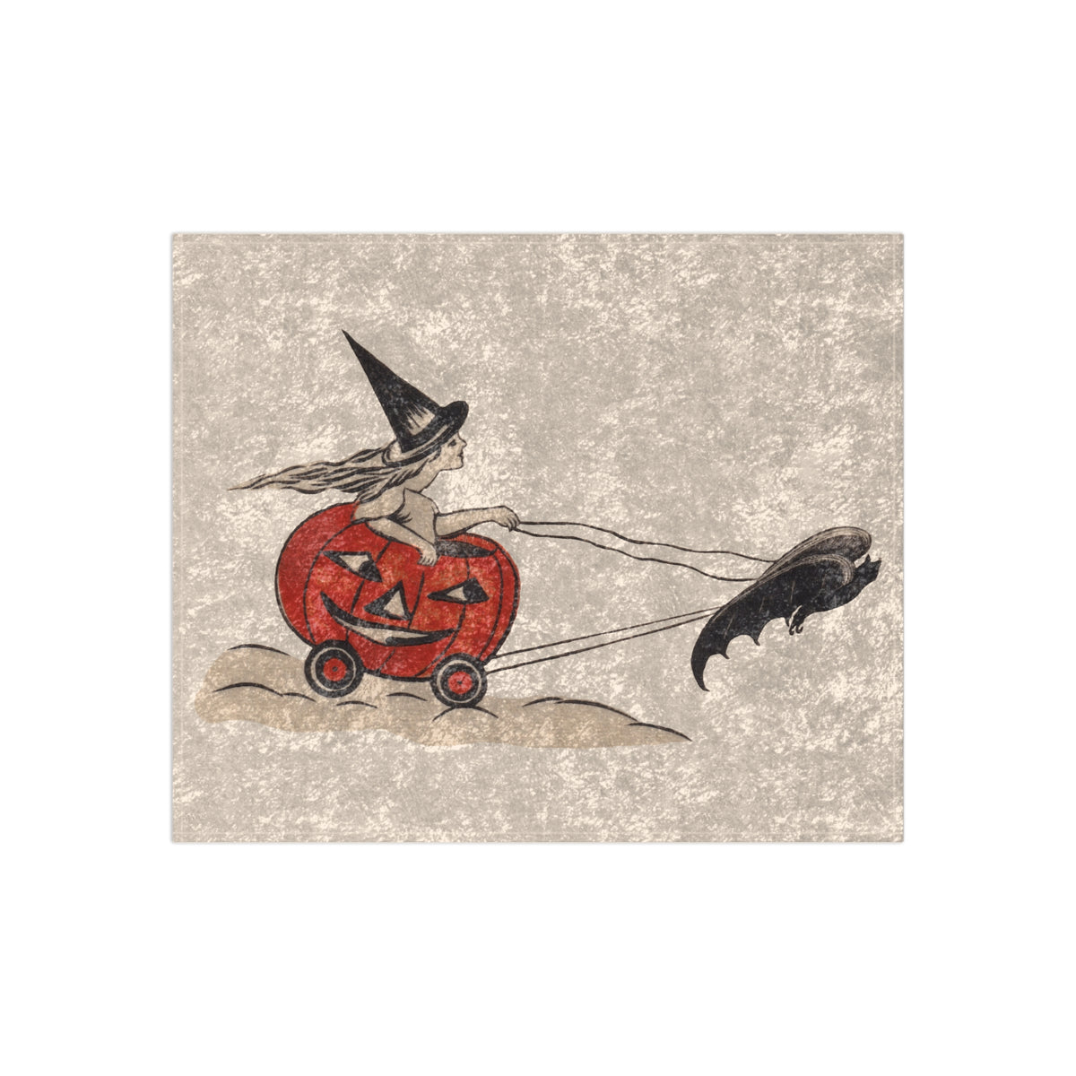 Crushed Velvet Blanket w/ Authentic Vintage Halloween 1920s Jack-O'-Lantern Witch Cart Ride Place Card Image
