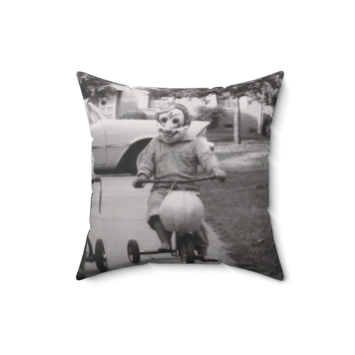 Throw Pillow w/ Authentic Vintage Halloween Image of Clown on a Tricycle 1950s - 'It's a Lil' Spookie'