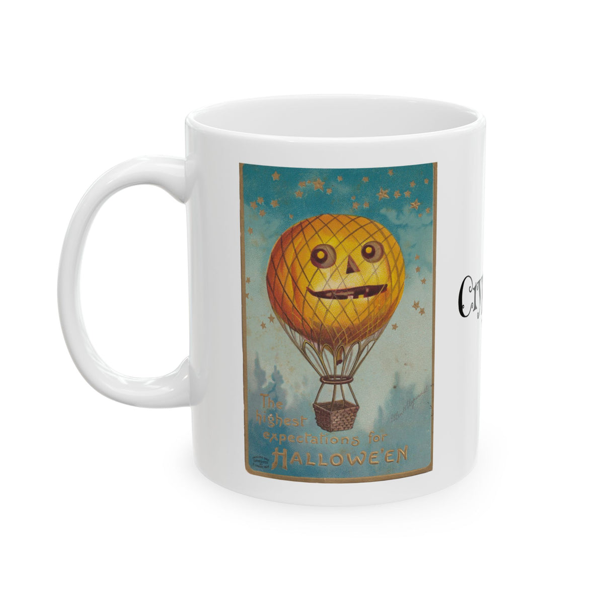 Ceramic Mug w/ Authentic Vintage Halloween 1909 JOL Hot Air Balloon Postcard Image (11oz & 15oz)