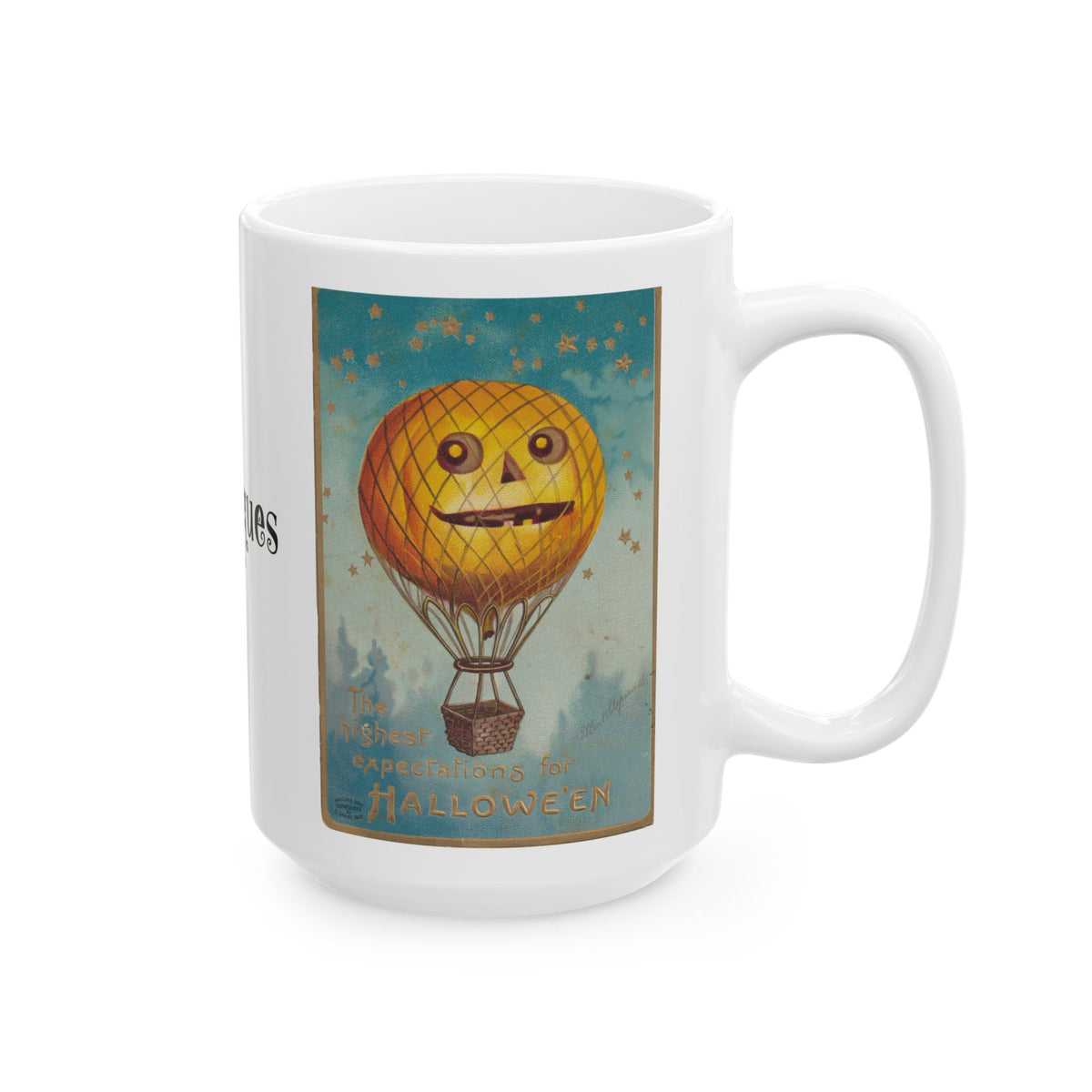 Ceramic Mug w/ Authentic Vintage Halloween 1909 JOL Hot Air Balloon Postcard Image (11oz & 15oz)
