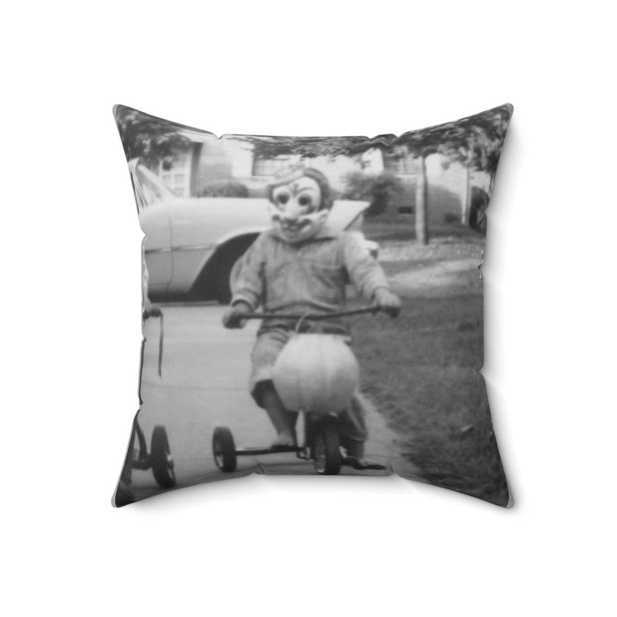 Throw Pillow w/ Authentic Vintage Halloween Image of Clown on a Tricycle 1950s - 'It's a Lil' Spookie'