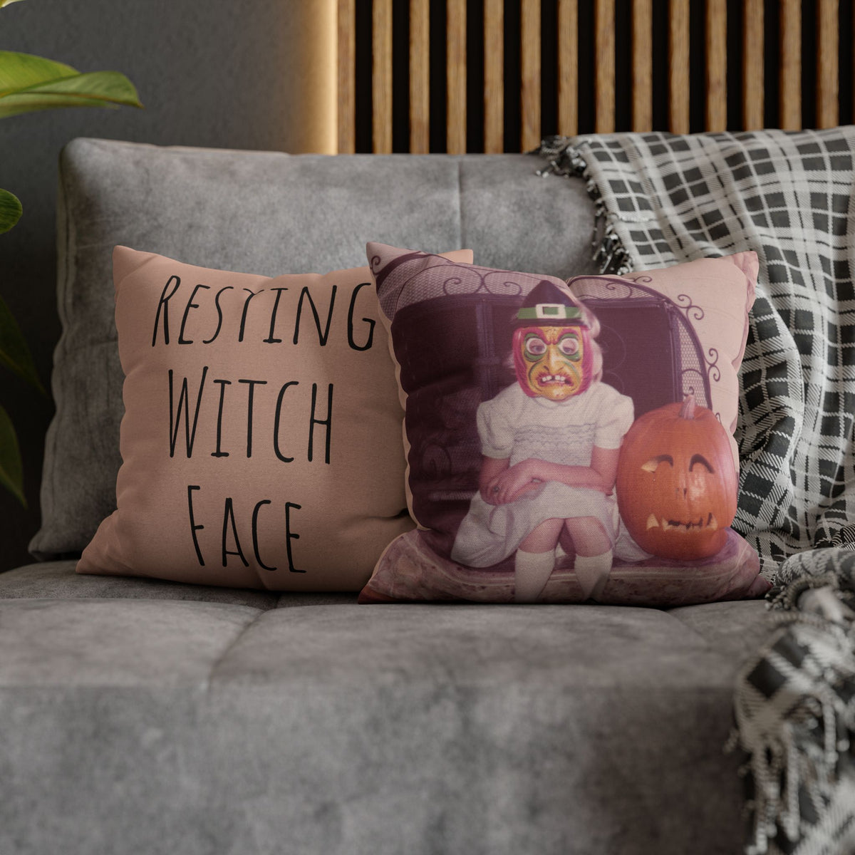 Throw Pillowcase w/Authentic Vintage Halloween 1960s Image of Child in Ben Cooper Witch Mask