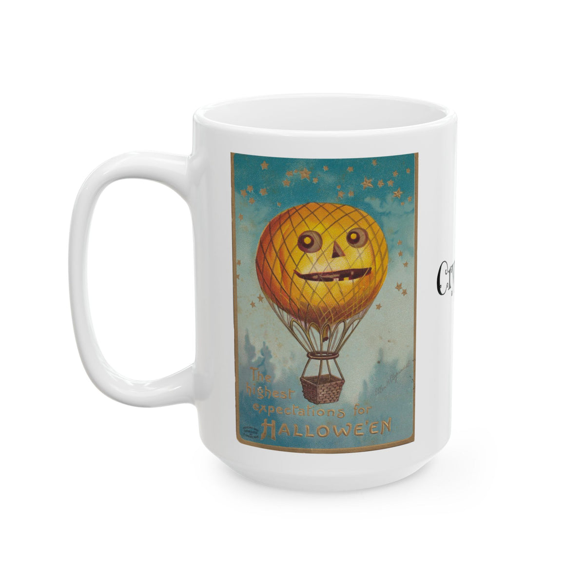 Ceramic Mug w/ Authentic Vintage Halloween 1909 JOL Hot Air Balloon Postcard Image (11oz & 15oz)