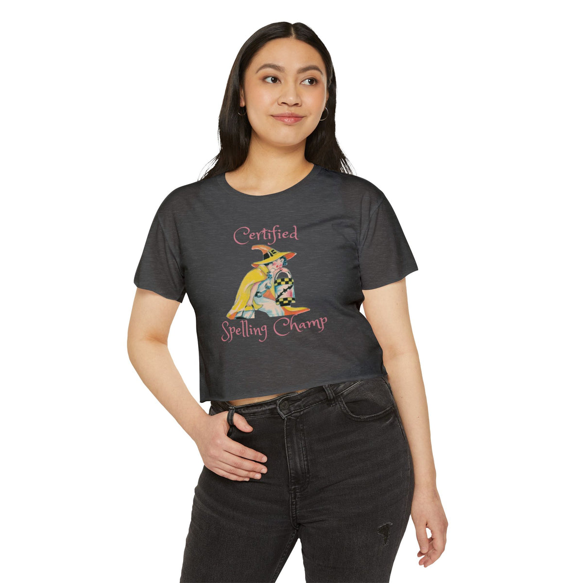 Women's Crop Top w/ Authentic Vintage Halloween 1930s Image of a Yellow Art Deco Witch Place Card