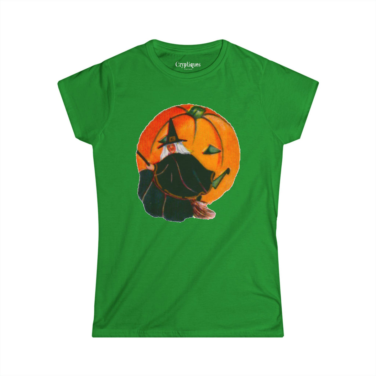 Women's T w/ Authentic Vintage Halloween 1920s Witch on a Broom w/a JOL Seal Image