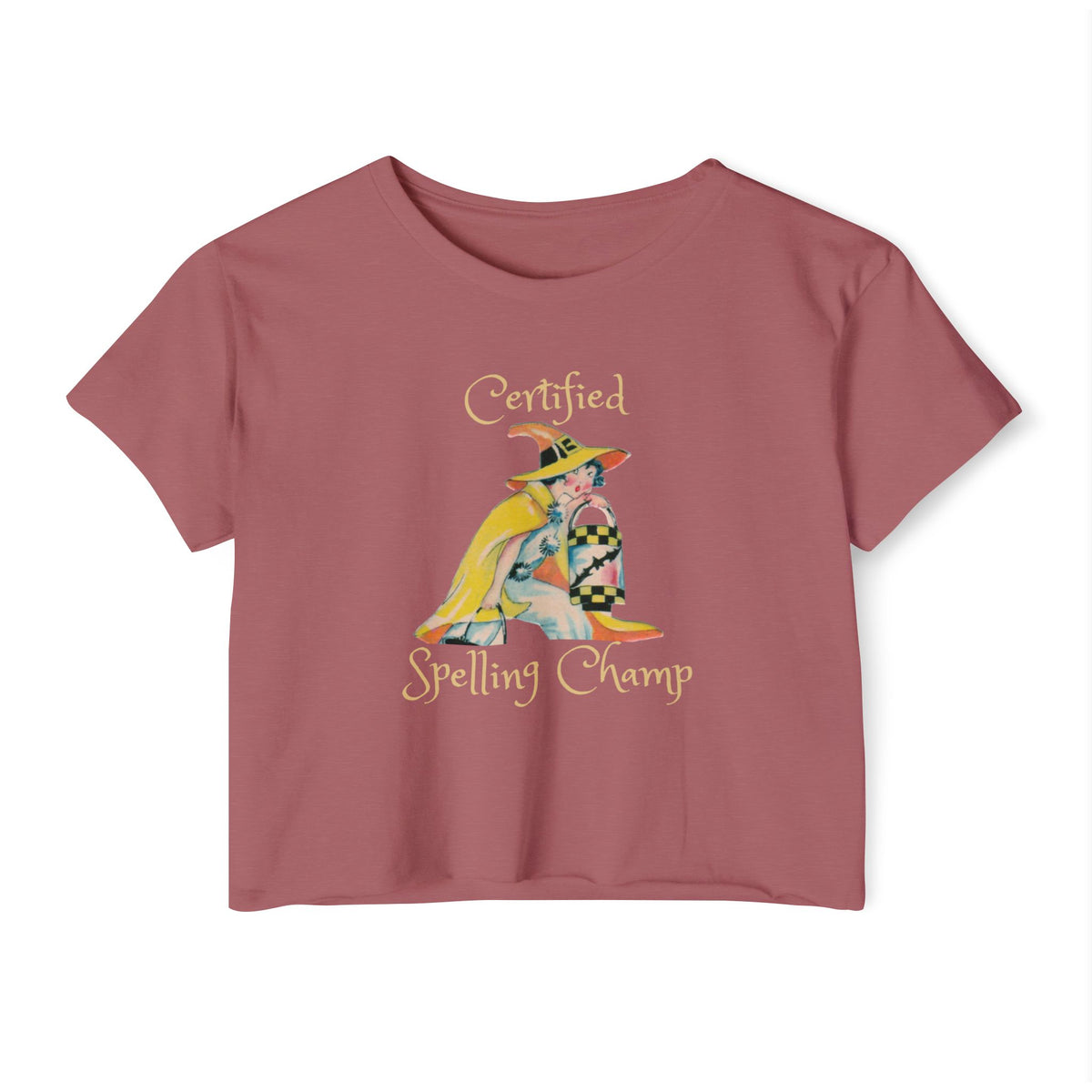 Women's Crop Top w/ Authentic Vintage Halloween 1930s Image of a Yellow Art Deco Witch Place Card