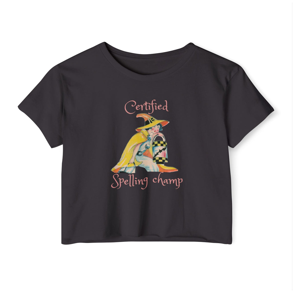 Women's Crop Top w/ Authentic Vintage Halloween 1930s Image of a Yellow Art Deco Witch Place Card