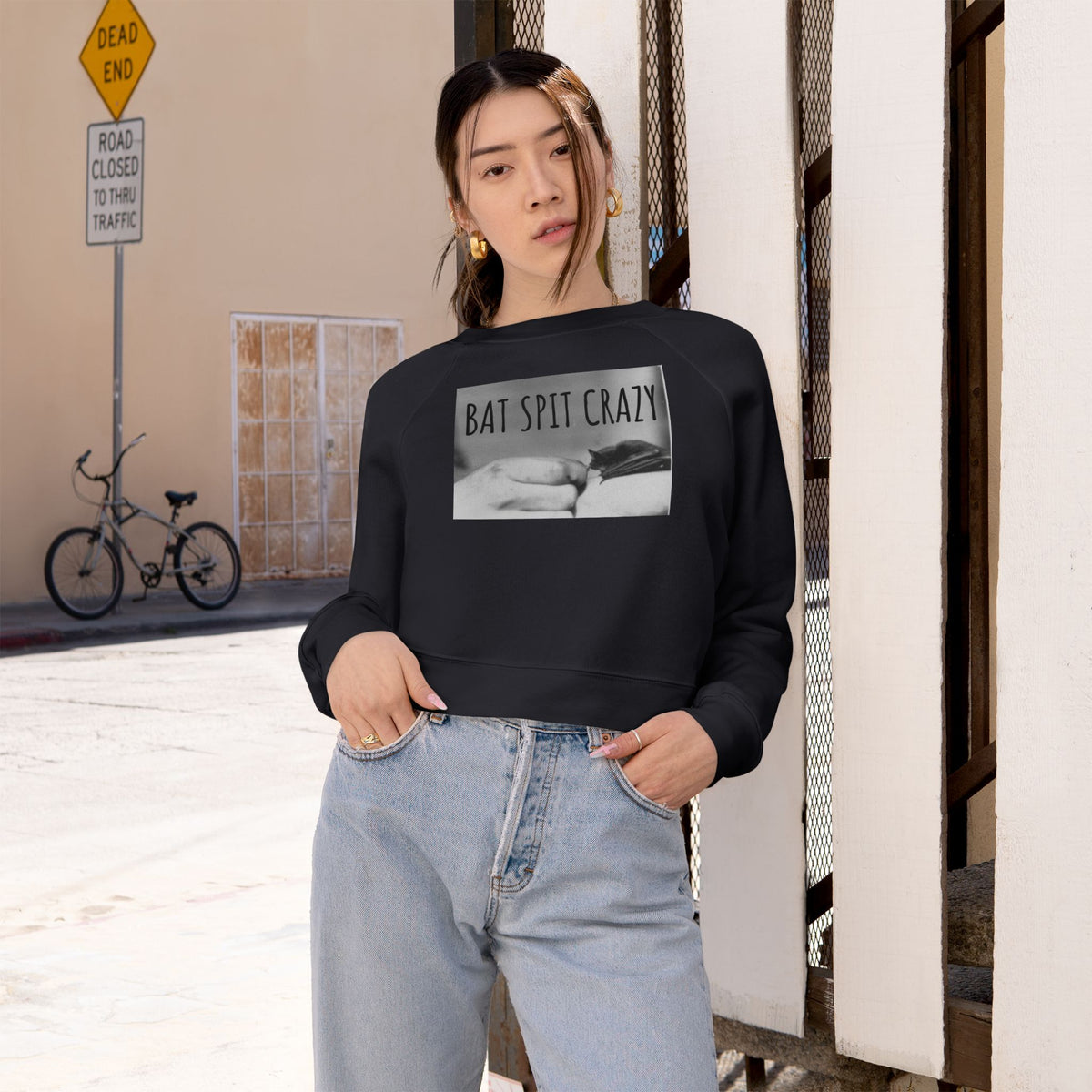 Cropped Pullover w/Authentic 1930s Hand Feeding Baby Bat Image 'Bat Spit Crazy'