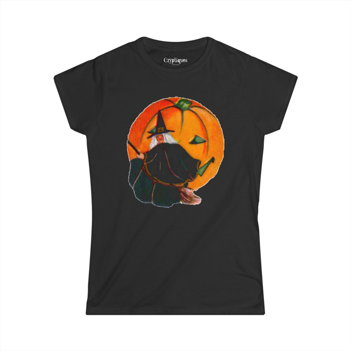 Women's T w/ Authentic Vintage Halloween 1920s Witch on a Broom w/a JOL Seal Image