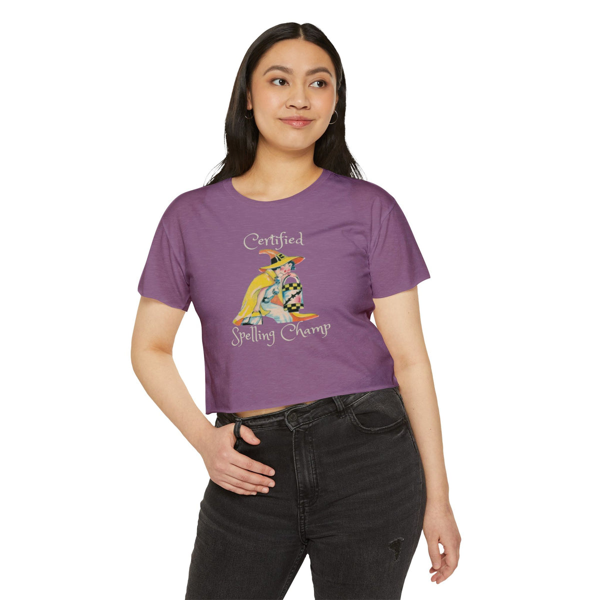 Women's Crop Top w/ Authentic Vintage Halloween 1930s Image of a Yellow Art Deco Witch Place Card