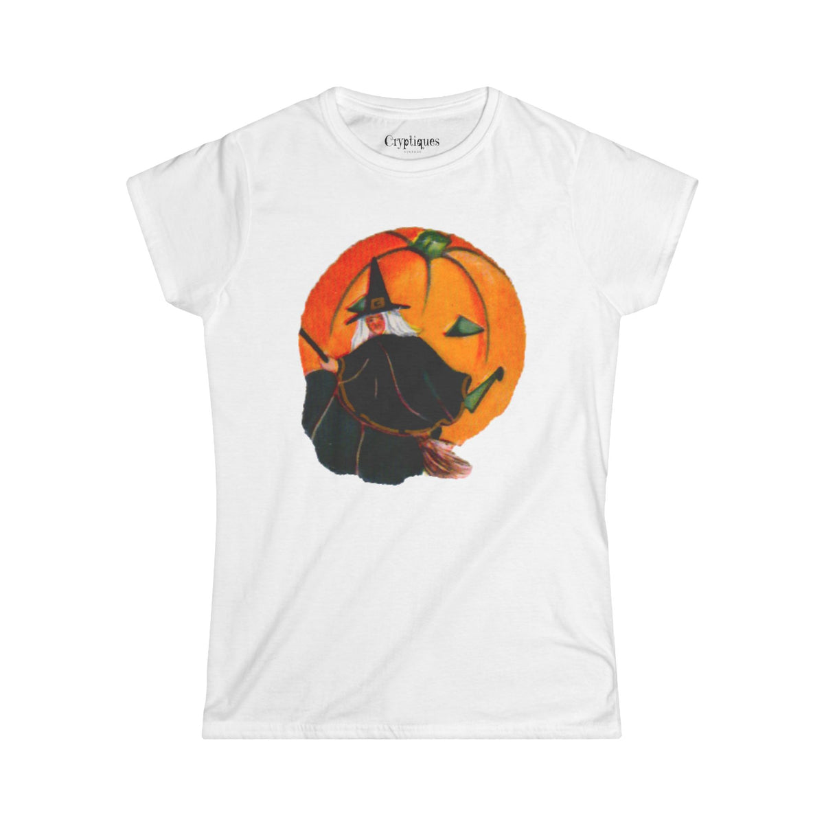 Women's T w/ Authentic Vintage Halloween 1920s Witch on a Broom w/a JOL Seal Image