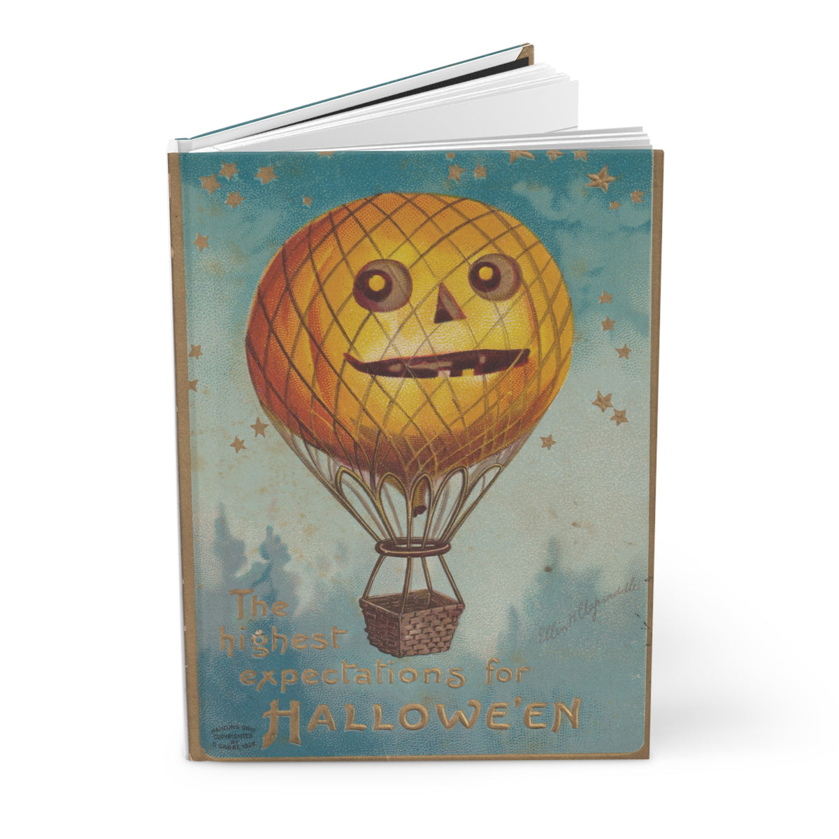 Lined Notebook w/ Authentic Vintage Halloween Image of Pumpkin Hot Air Balloon Postcard From 1909
