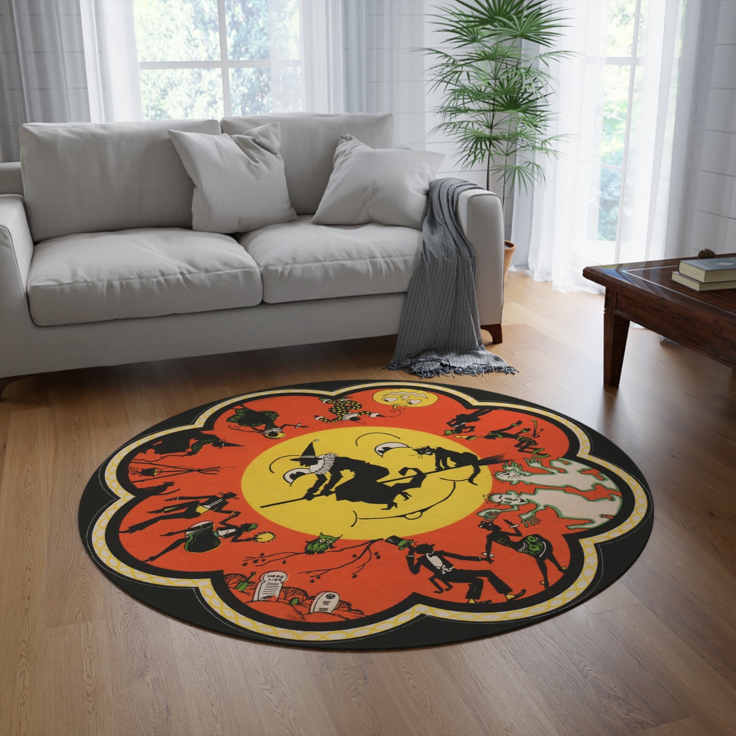 Vintage Halloween Round Rug — Witch on Broom Moon Design