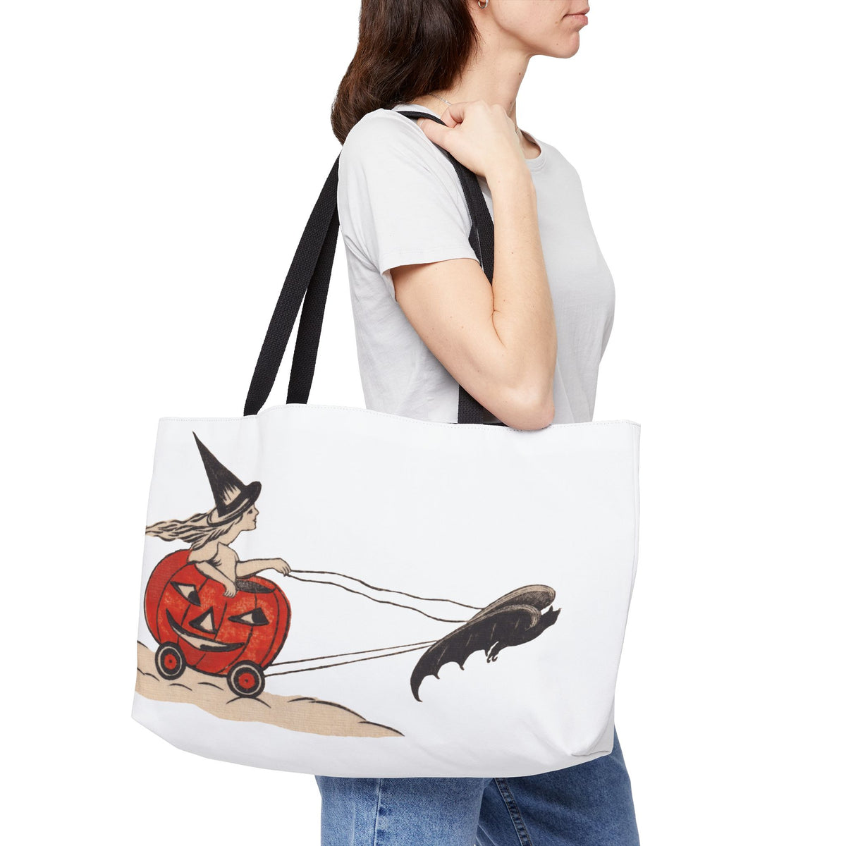Weekender Tote w/ Authentic Vintage Halloween Extremely Rare Early 1900s Witch Riding JOL Via Bat Place Card