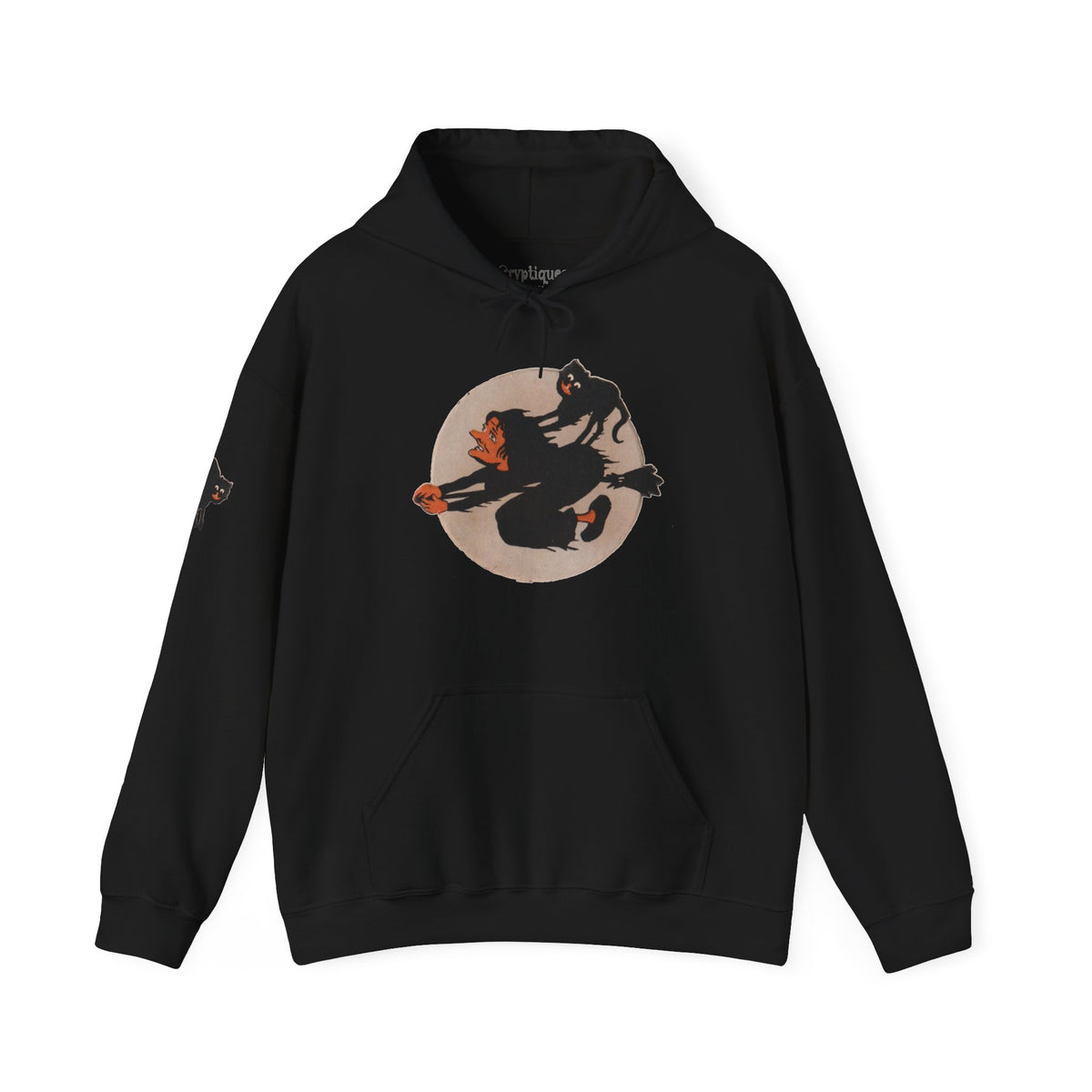 Hoodie w/ Authentic Vintage Halloween Extremely Rare Early 1900s Witch & Cat on Broom Image