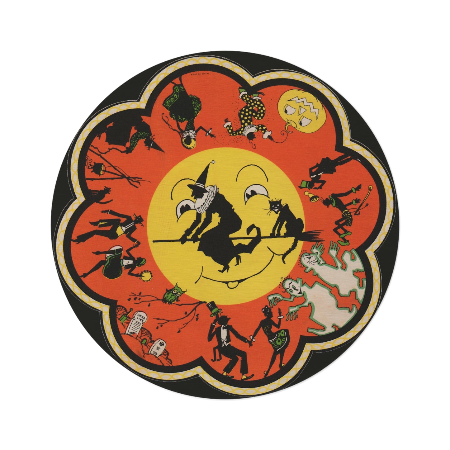 Vintage Halloween Round Rug — Witch on Broom Moon Design
