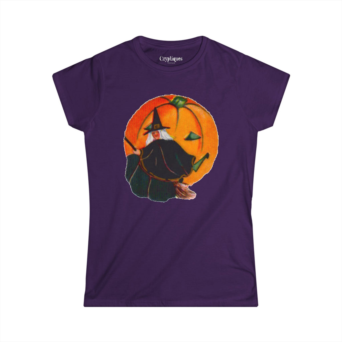Women's T w/ Authentic Vintage Halloween 1920s Witch on a Broom w/a JOL Seal Image