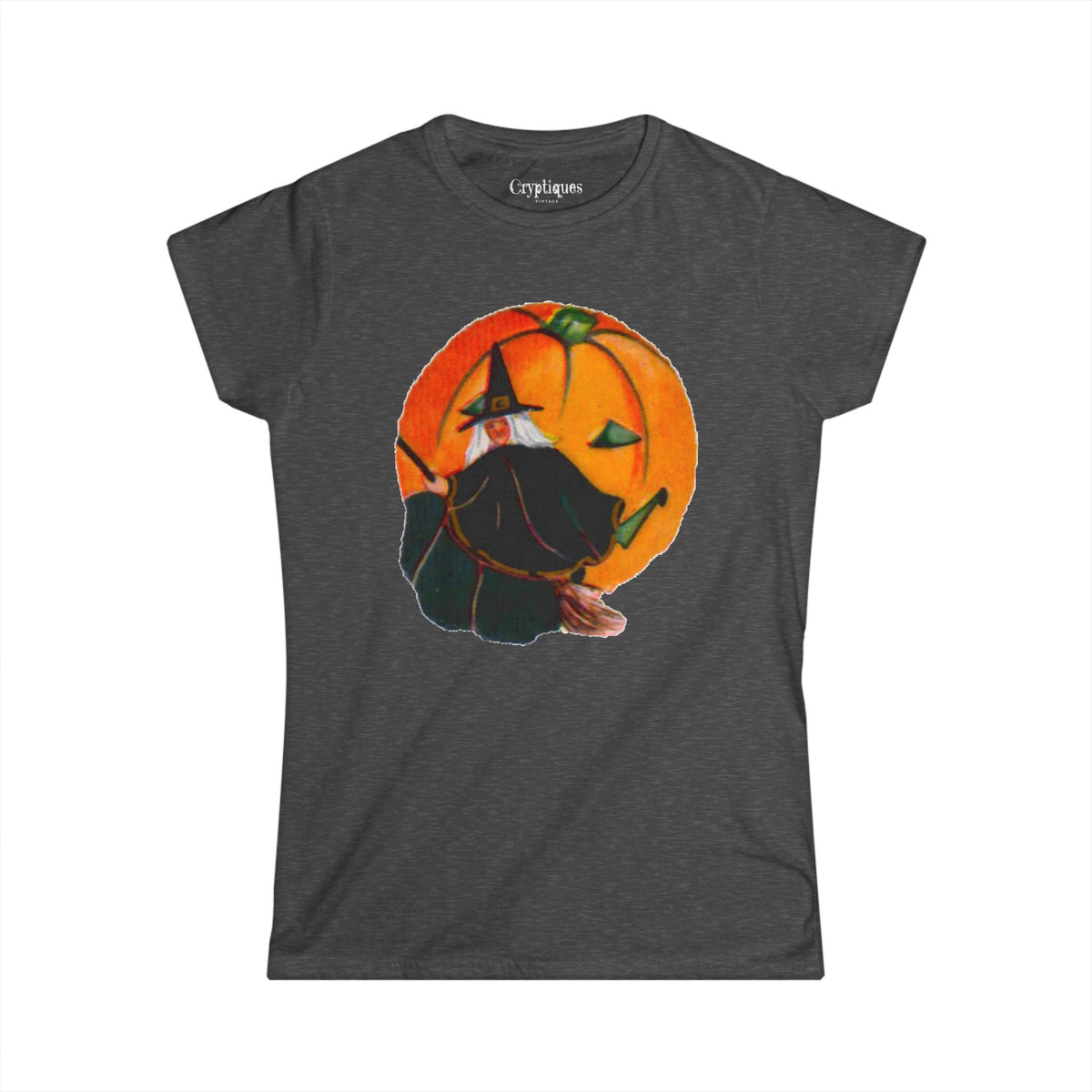 Women's T w/ Authentic Vintage Halloween 1920s Witch on a Broom w/a JOL Seal Image