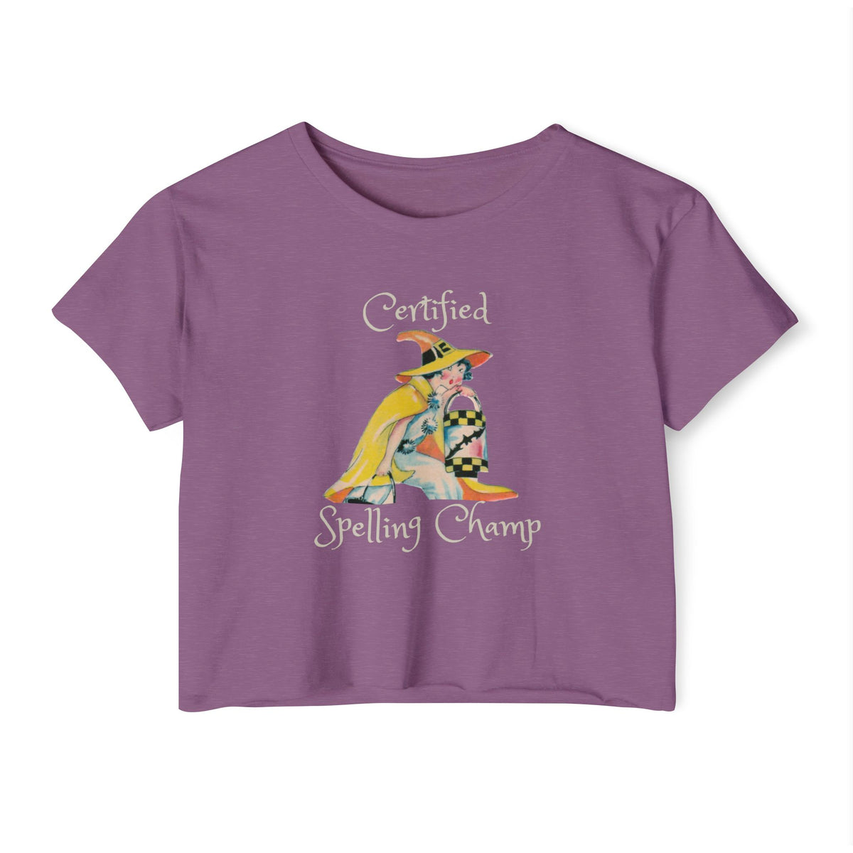 Women's Crop Top w/ Authentic Vintage Halloween 1930s Image of a Yellow Art Deco Witch Place Card
