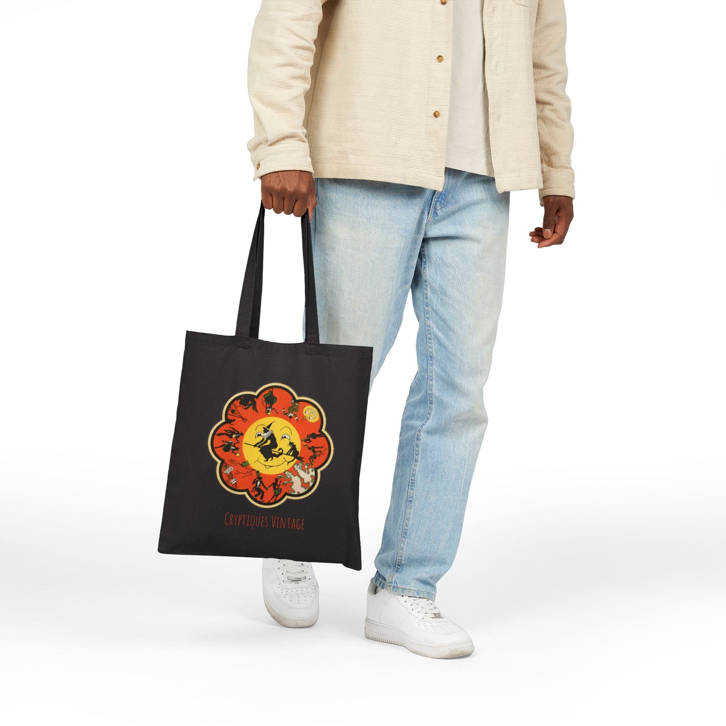 Retro Witch Moon Tote Bag — Vintage Halloween Canvas Tote