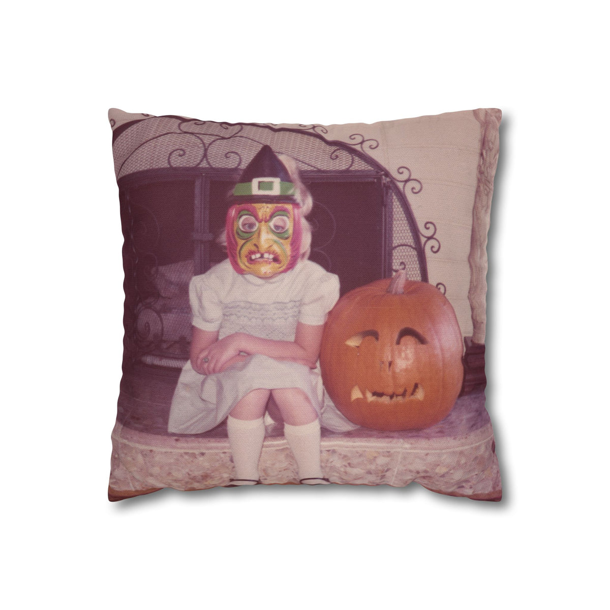 Throw Pillowcase w/Authentic Vintage Halloween 1960s Image of Child in Ben Cooper Witch Mask