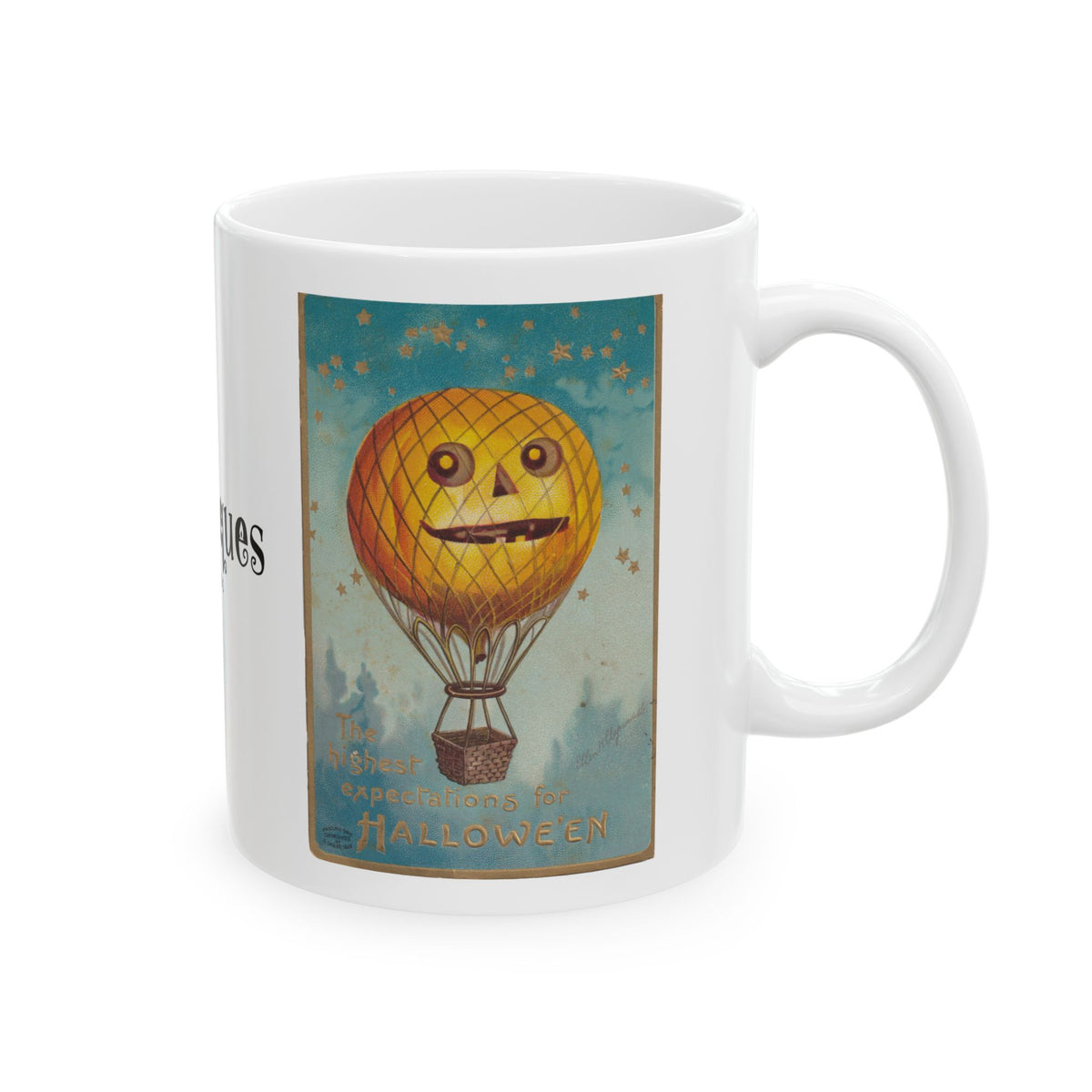 Ceramic Mug w/ Authentic Vintage Halloween 1909 JOL Hot Air Balloon Postcard Image (11oz & 15oz)
