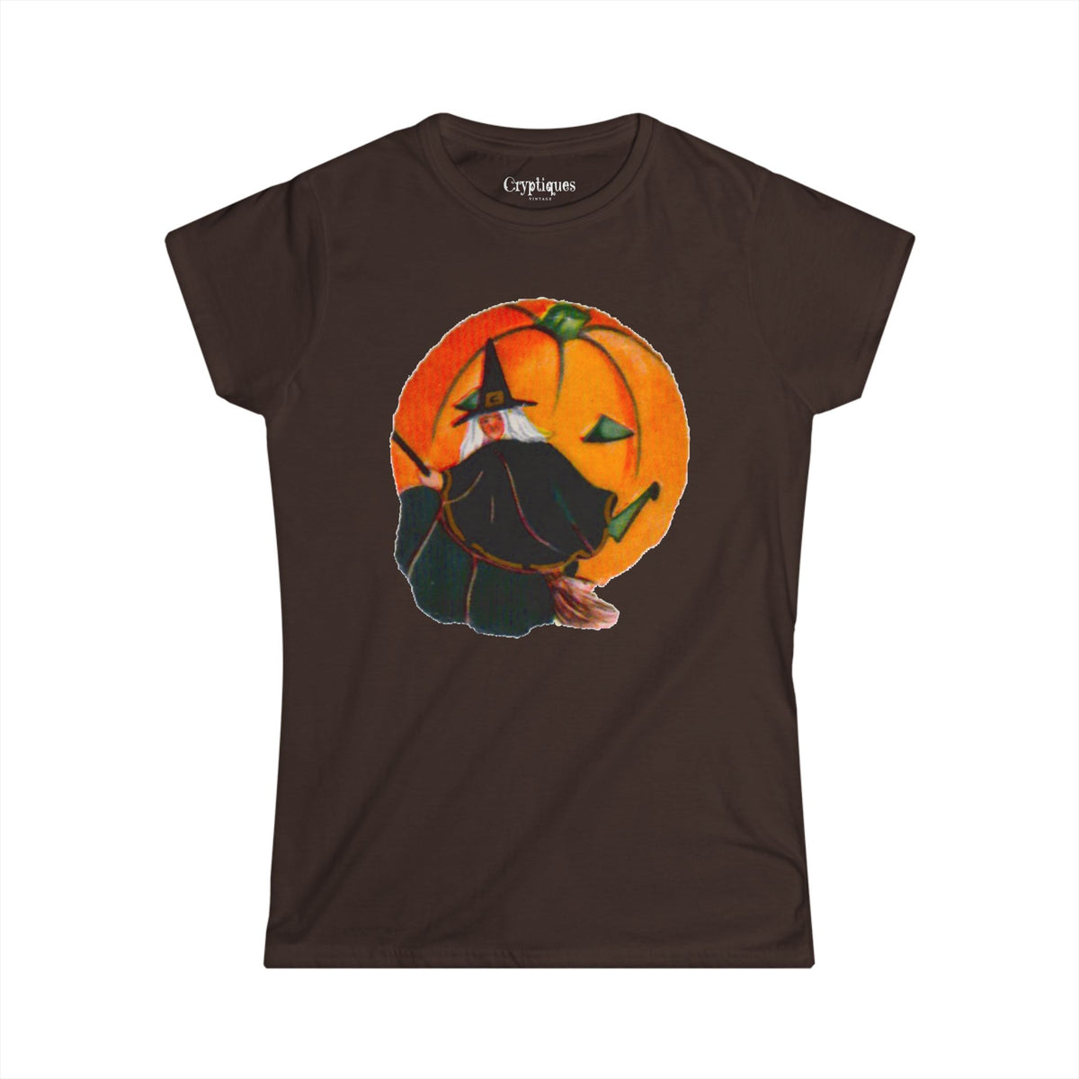 Women's T w/ Authentic Vintage Halloween 1920s Witch on a Broom w/a JOL Seal Image