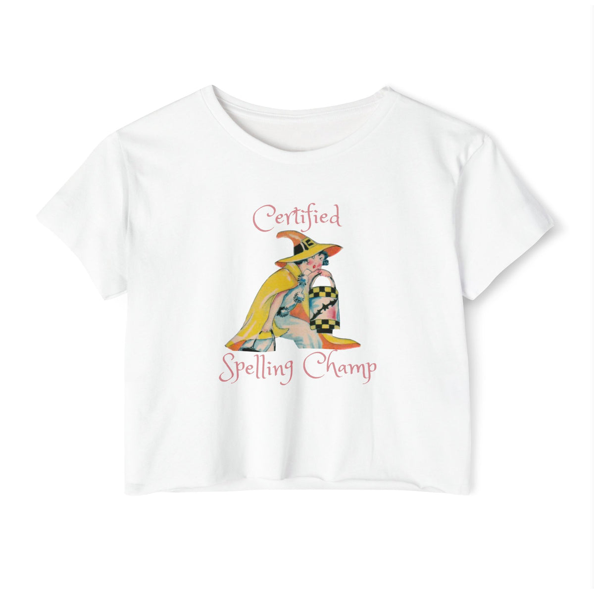 Women's Crop Top w/ Authentic Vintage Halloween 1930s Image of a Yellow Art Deco Witch Place Card