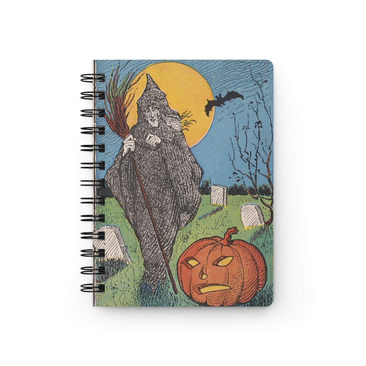 Spiral Notebook w/ Authentic Vintage Halloween 1910 Witch & JOL in the Graveyard Postcard Image