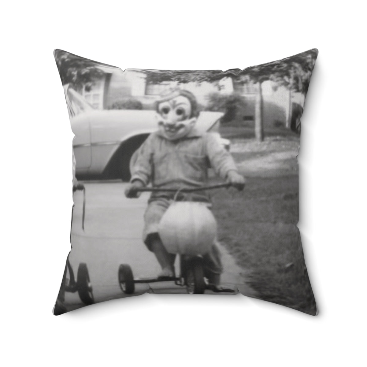 Throw Pillow w/ Authentic Vintage Halloween Image of Clown on a Tricycle 1950s - 'It's a Lil' Spookie'
