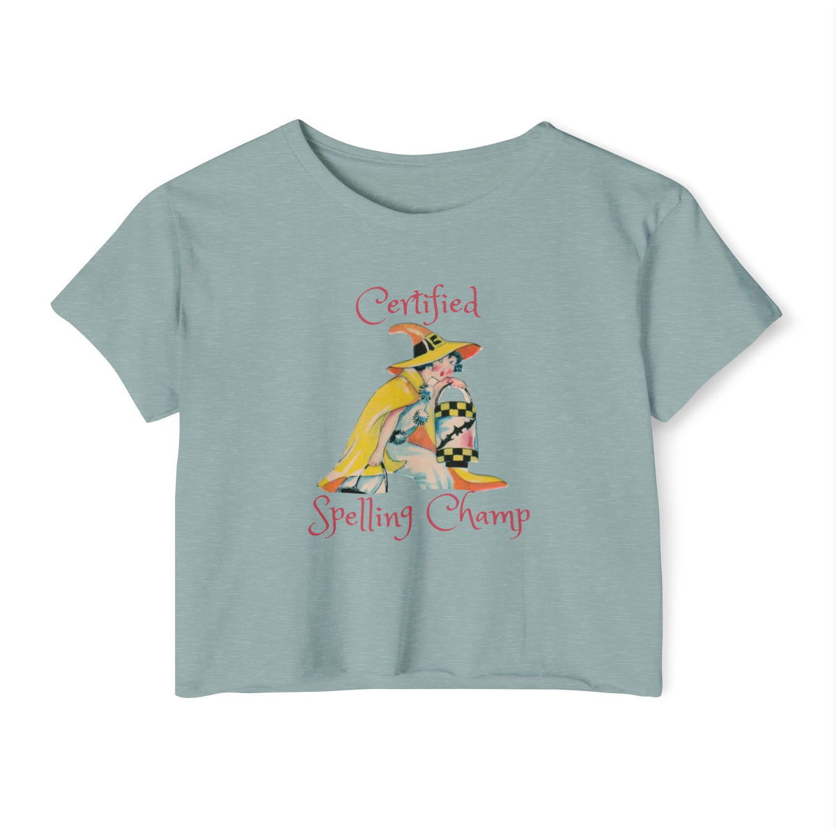 Women's Crop Top w/ Authentic Vintage Halloween 1930s Image of a Yellow Art Deco Witch Place Card