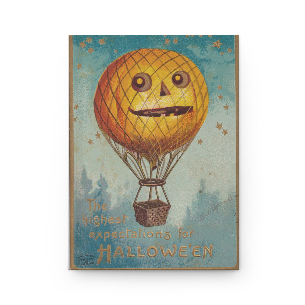 Lined Notebook w/ Authentic Vintage Halloween Image of Pumpkin Hot Air Balloon Postcard From 1909