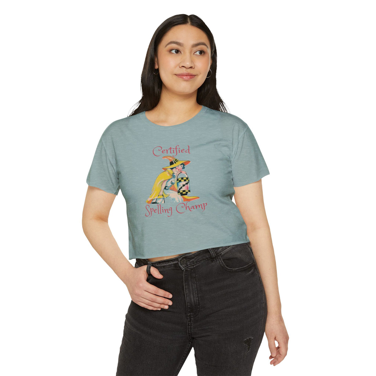 Women's Crop Top w/ Authentic Vintage Halloween 1930s Image of a Yellow Art Deco Witch Place Card
