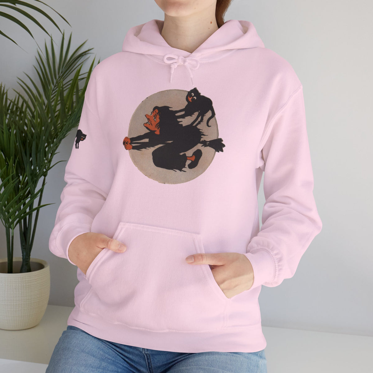 Hoodie w/ Authentic Vintage Halloween Extremely Rare Early 1900s Witch & Cat on Broom Image