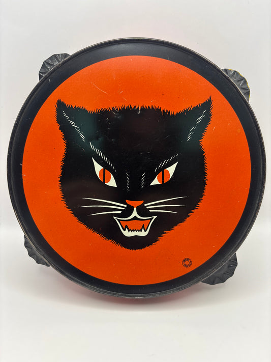 Vintage Halloween 1950s Tin Tambourine with Black Cat Face and Decorated Rim