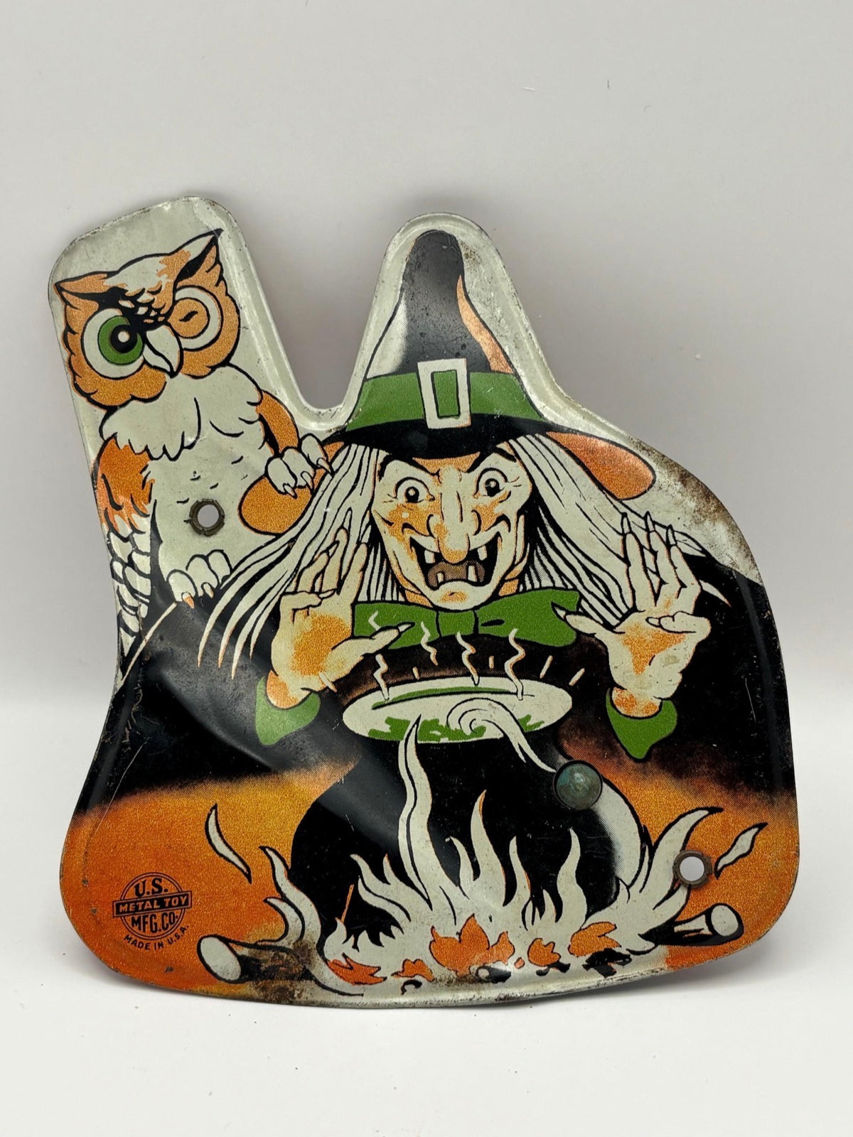 Vintage Halloween 1960s Tin Witch and owl Ratchet