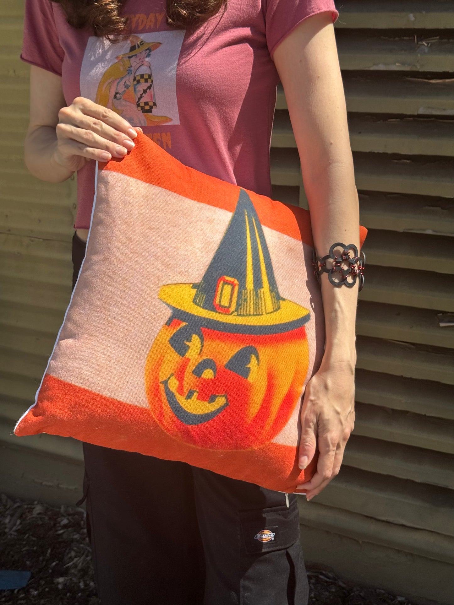 Throw Pillow Cover w/ Authentic Vintage Halloween 1950s Jack-O'-Lantern w/ Witch Hat Seal